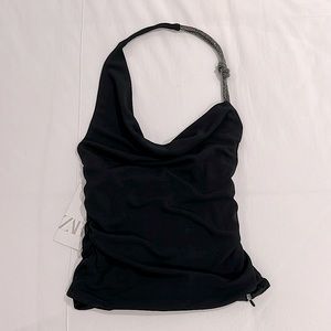Black halter rhinestone knot low-back Zara top. Brand new never worn, with 🏷️